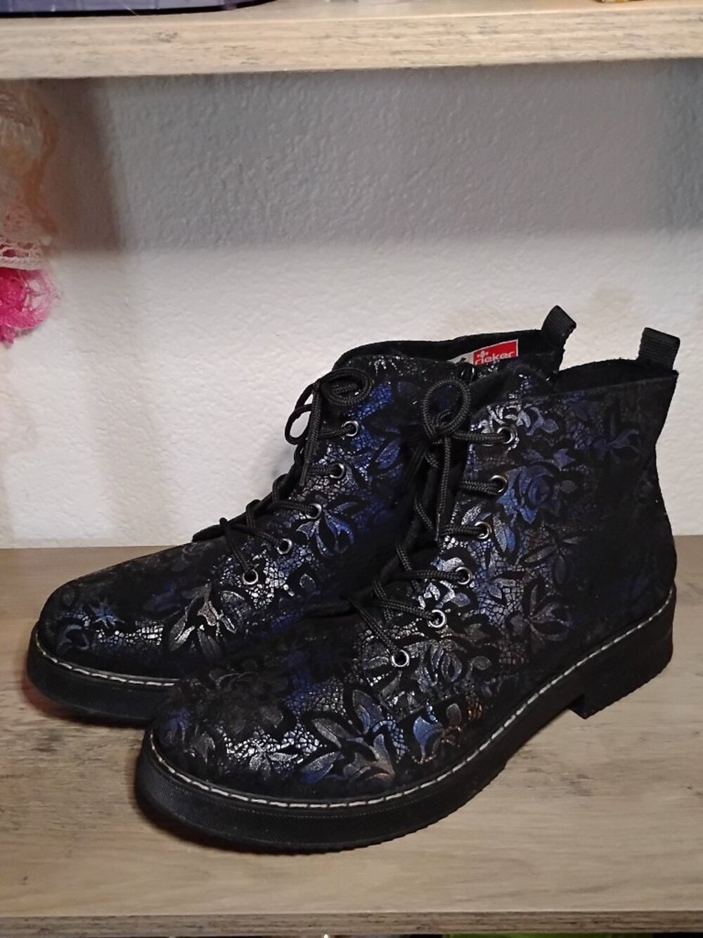 Rieker Payton Metallic Floral Lace Pattern Navy Blue size 43 Womens size 12
